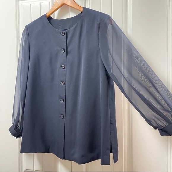 Vintage Button-Up Blouse with Sheer Sleeves Navy - M - Picture 4 of 11